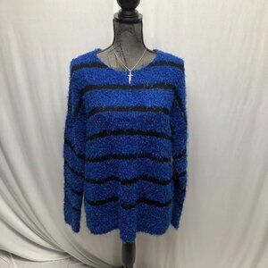 Relativity  Fuzzy Sweater Womens Size XL Blue Black Striped Soft Long Sleeve NEW